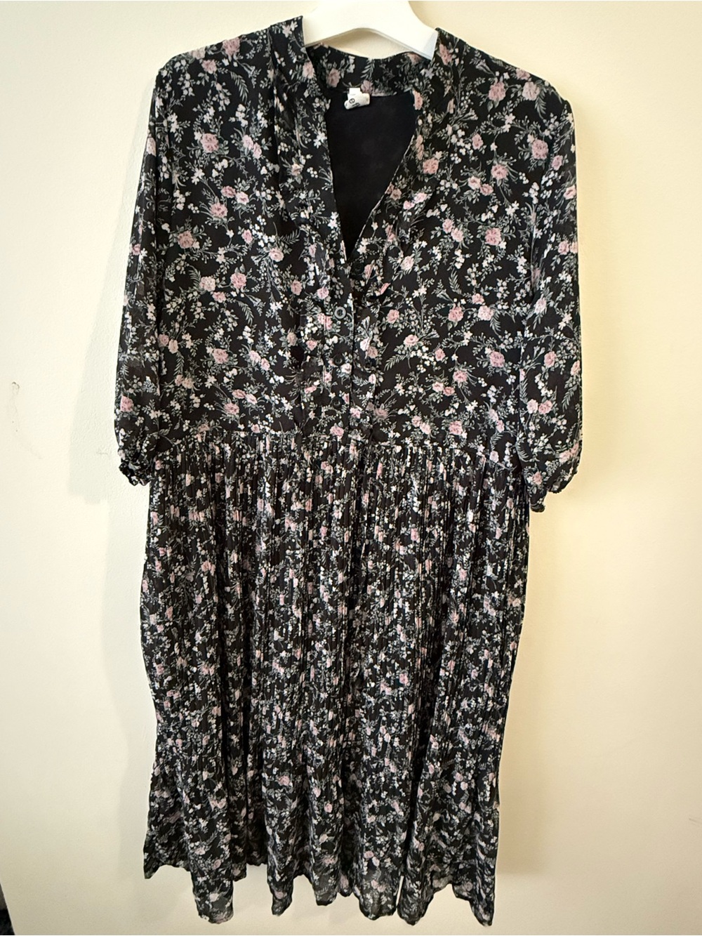 Black Floral Midi Dress with Pink Blossom Print